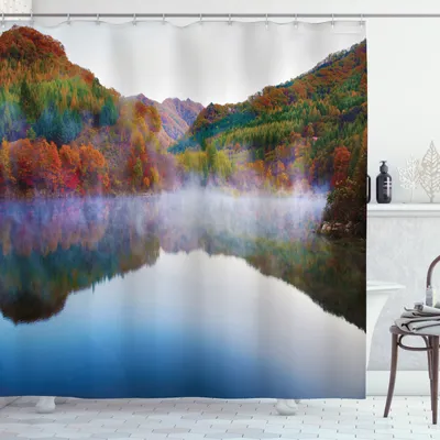 Produktbild von ABAKUHAUS Landschaft Duschvorhang, Lake Mountain Scenery, Set inkl.12 Haken aus Stoff Wasserdicht Bakterie und Schimmel Abweichent, 175 x 180 cm, Multicolor