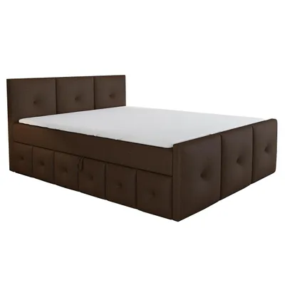 Produktbild von Boxspringbett BOE 180x200 mit Bettkasten, Topper und gepolstertem Kopfteil. Farbe: Braun