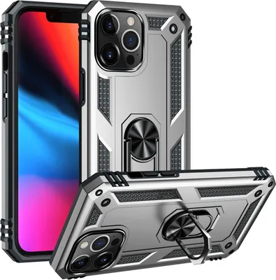 A silver iPhone 14 Pro Max case with a ring holder is shown from multiple angles against a white background.