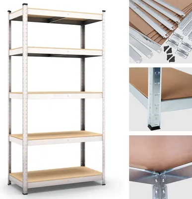 A collage of images showing a metal shelving unit and its components.