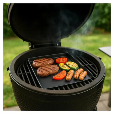 Produktbild von Grillplatte aus Stahl mit Keramikbeschichtung 30 x 40 cm | Rechteckig, Universal und Massiv | Grillblech für Holzkohle und Gas, Grillzubehör, Grillschale