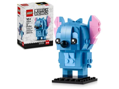 A LEGO BrickHeadz Stitch figure and its packaging are displayed against a white background.