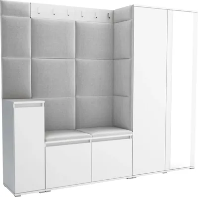 Produktbild von Garderoben-Set Noris VIII mit Spiegel, gepolsterte Garderobe 145 cm mit Schuhkommode, Wandpaneelen und Sitzbank (Farbe: Weiß + Trinity 32)