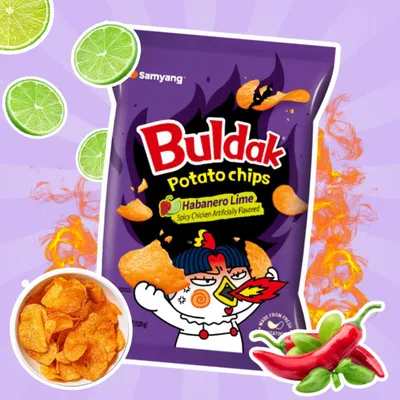 Produktbild von Samyang Buldak Potato Chips Habanero Lime – Scharfe Habanero-Limetten-Chips | 55 g+Heartforcards Versandschutz