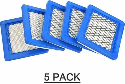 A pack of five air filters with blue frames and white mesh.