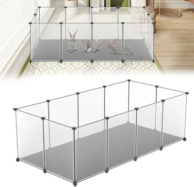 Produktbild von QEENTOE Freilaufgehege Kunststoff Weiß, erweiterbarer Kleintier‑Auslauf mit Unterlage, für Kaninchen, Meerschweinchen, Hamster, 143x73x46cm