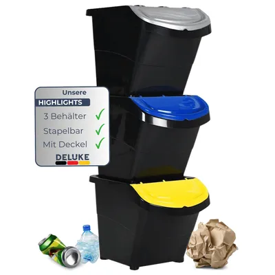 Produktbild von DELUKE® 3er Set Abfallbehälter mit Deckeln - 3x26L Stapelmülleimer | Abfalleimer Küche Mülleimer 3 Fächer Müllbehälter Kücheneimer 78L, Schwarz