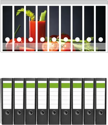 Produktbild von Wallario 9 Stück breite Ordner inkl. Klebeetiketten mit Motive Frischer Tomatensaft mit Sellerie -  Set mit Rückenschildern / Ordnerrücken Stickern