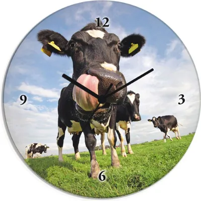 Produktbild von ARTland Glas Wanduhr Quarzuhr - schwarzer Zeiger Holstein-Kuh mit gewaltiger Zunge Größe: 30x30 cm
