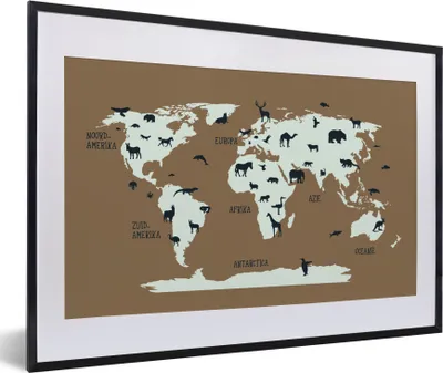 Produktbild von MuchoWow® MuchoWow® Gerahmtes Poster Weltkarte - Tiere - Braun 60x40 cm - Poster mit zchwarzem Bilderrahmen - Schlafzimmer - Plakat in Rahmen - Drucken