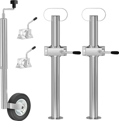 Image de Kit d'accessoires pour remorque XINZI 9 pièces – Béquilles en acier galvanisé + cales de roue, 150 kg/béquille (300 kg au total), réglables, pour remorques de voiture/caravanes