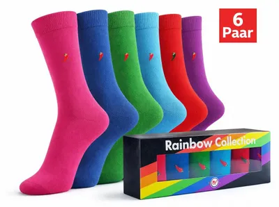 Produktbild von Freizeitsocken Rainbow Bunte Socken aus Baumwolle 6-Paar, Geschenkset 6 Farben - Baumwollsocken mit Weichbund ohne Gummidruck in exklusiver Geschenkbox - 43-46
