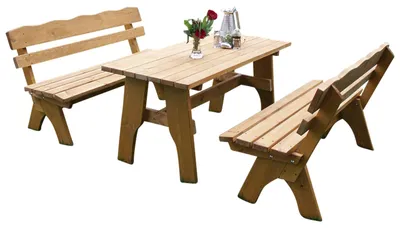 Produktbild von Gartengarnitur Sitzgruppe Tisch Bank 3 teilig aus Kiefernholz massiv hellbraun 150 cm