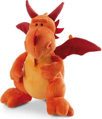 A plush toy dragon is shown against a white background.