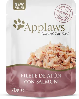 Imagen del producto de APPLAWS, alimento húmedo para gatos con sabor a atún, salmón y gelatina, en filetes, caja de 16 unidades de 70 gramos cada una