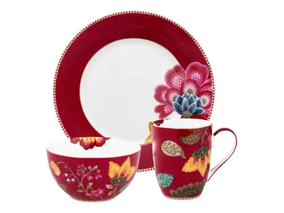 Produktbild von PIP STUDIO Blooming Tales Fantasy Dark Red Frühstücksset Set3
