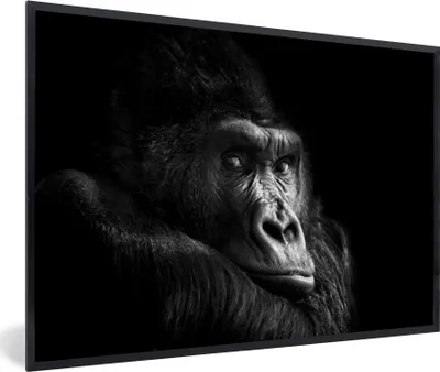 Produktbild von MuchoWow® Gerahmtes Poster Gorilla - Affe - Schwarz - Weiß - Porträt 60x40 cm - Poster mit Schwarzem Bilderrahmen Wandposter Rahmen Foto Bilder - Printing - Wanddeko Schlafzimmer