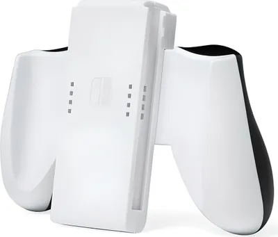 A white and black Nintendo Switch Joy-Con grip accessory is shown from a diagonal angle against a white background.