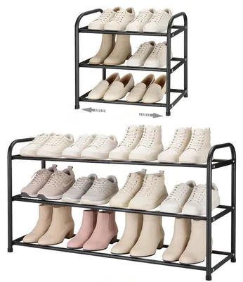 Immagine prodotto di Scaffale porta scarpe estraibile, 3 ripiani, metallo nero, da 43 a 78 cm, per 6-12 paia