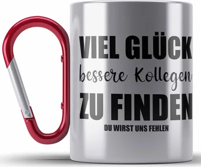 Produktbild von Jobwechsel Edelstahl Tasse Karabiner Geschenk Kollegin Kollege Lustig Abschiedsgeschenk Sprüche - Viel Glück (Rot)