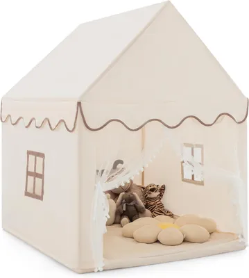 Produktbild von Gartenspielhaus Kinderzelt mit Massivholzrahmen und Baumwolldecke, Kinderspielhaus für Jungen und Mädchen, Prinzessin, Beige, Kinderspielzelt