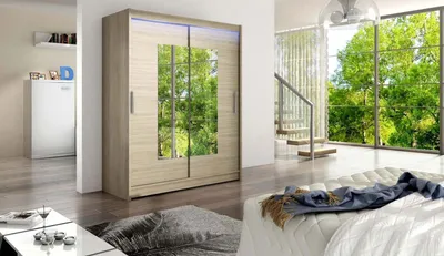 Obrázek produktu pro Šatní skříň 150 cm se zrcadlem a LED osvětlením ELADIO 3 - dub sonoma