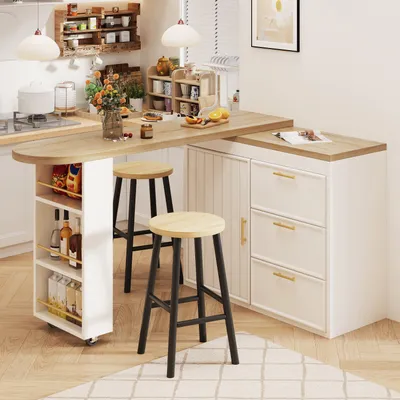 Produktbild von MODFU Bartisch Küchenbuffet mit 3 Schubladen und Seitenablage Vielseitiger Stehtisch mit 360° Drehfunktion und Verstellbare Regale für das Esszimmer geeignet Weiß