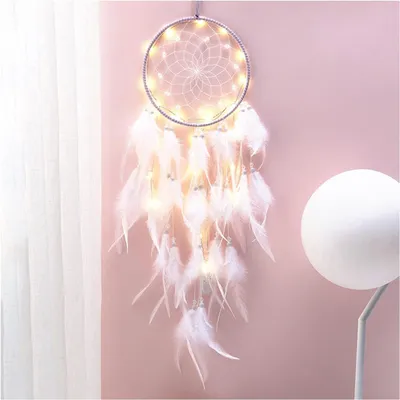 Produktbild von LED Traumfänger mit Federn – Boho Wanddekoration für Kinderzimmer & Wohnzimmer, H085