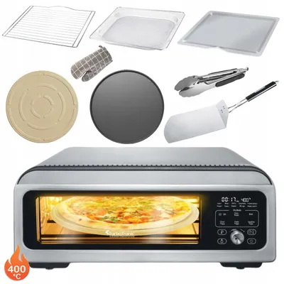 Zdjęcie produktu dla Piec do pizzy mini piekarnik 400°c TurboTronic akcesoria kamień taca blacha ruszt szczypce rękawica 18L 2000w Srebrny