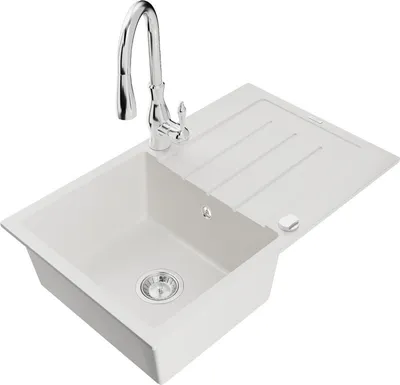 Produktbild von Mexen Bruno 1 Becken-Granitspüle mit Abtropffläche und Mischbatterie Savita, Weiß - 6513-20-672601-00