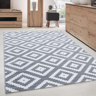 Produktbild von Moderner Designer-Wohnzimmerteppich, eleganter Kurzflor, grau und weiß 200 x 290 cm