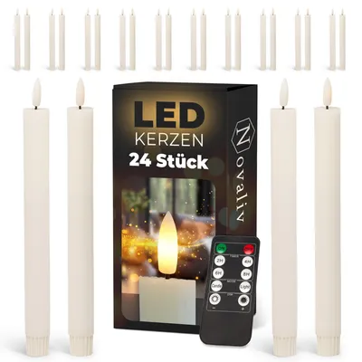 Produktbild von LED Stabkerzen 24 Stück ECHTWACHS gerippt WEISS - mit Timer Funktion 6 Stunden - 23cm Höhe für Kerzen 2,2cm Durchmesser 2 AAA Batterien notwendig LED Stabkerzen 2er Set 6x WEISS bewegliche Flamme
