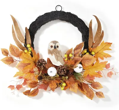 Herbstkranz mit Eule, Kürbissen und Blättern, 50 cm