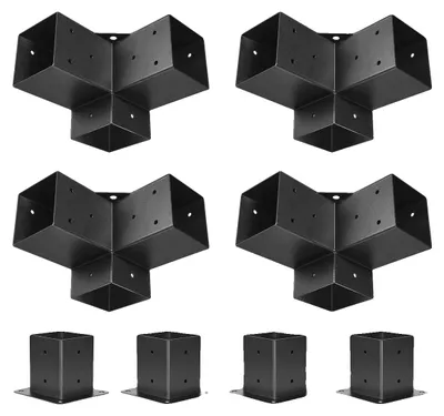 Produktbild von VEVOR Pergola Halterungskit 4''x4''(Innengröße 3.6x3.6), 4 Stück 4-Wege Schwerlast-Eckhalterung Holzarbeiten DIY Pfostenbasis-Kit, Einfache Installation Holzträger für Pavillons, Terrassenpergolen, Blockhaus im Freien, 4 x 4 Zoll-a, Drei-Wege