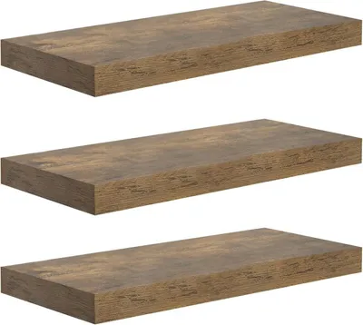 Three wooden shelves are stacked vertically against a white background.