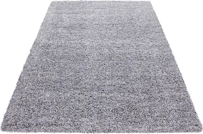 A light gray shaggy rug is shown from a diagonal angle on a white background.