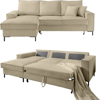 Produktbild von Ecksofa Récamiere Schlaffunktion Bettkasten Couch Polsterecke in Cord Beige Grau / 17223