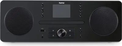A black Hama DIR1570CBT DAB+/Internetradio/CD/Bluetooth RX/App is shown from the front against a black background.