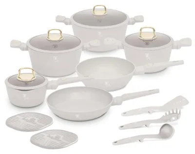 Obrázek produktu pro Sada hrnců a pánví s poklicemi 15dílná Sahara Collection Berlinger Haus BH 8081, krémová, nepřilnavá, snadno se čistí, indukce, elegantní design, prémiová