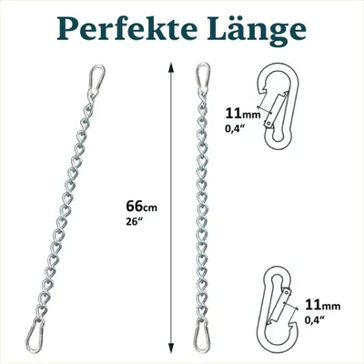 Produktbild von Hängestuhl Kette Mit 2 Karabinerhaken Bis 230 kg Belastbar 66 cm Kette Gelenkanker Für Hängesessel Aus Edelstahl