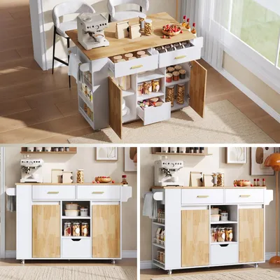 Zdjęcie produktu dla Mobilna wyspa kuchenna z rozkładanym blatem, wózek kuchenny, biały, 120 x 45(71) x 90 cm
