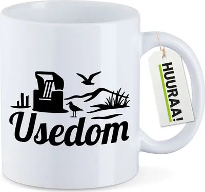 Produktbild von Huuraa Kaffeetasse Usedom Strandmotiv 330ml Weiß Keramik Kaffeebecher Geschenkidee