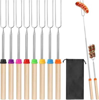 Produktbild von Grillspieß Erzekrim Teleskop-Grillspieße Edelstahl 8 Stück Marshmallow-Spieße 31-81 cm | Mit isolierten Griffen, Bratstäbchen, Baguette, Lagerfeuer, S