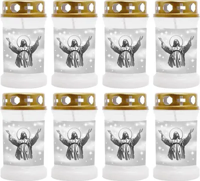 Produktbild von Grabkerze Weiß 8er Pack, Brenndauer: 40 Stunden ( je Kerze ), Motiv: Jesus
