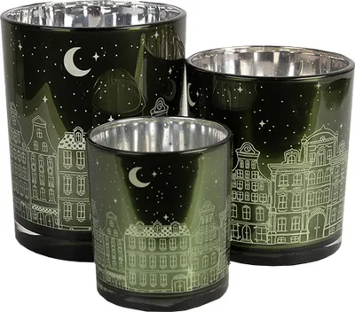 Produktbild von Clayre & Eef Teelichthalter 3er Set Grün Glas Häuser