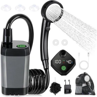 Image de Douche de camping portable - 6000 mAh - avec pompe à eau et indicateur de température - avec pomme de douche et tuyau de 2 m - Kit de douche de camping pour l'extérieur - pour le jardin, le lavage de voiture, la plage, les voyages et les animaux de compagnie