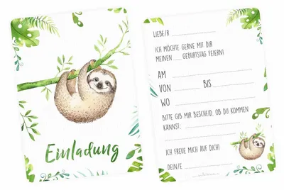 Produktbild von 10 Einladungskarten Faultier Dschungel grün inkl. 10 Briefumschlägen
