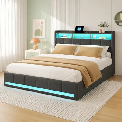 Obrázek produktu pro Postel INONEFT, čalouněná, 180x200 cm, lněná barva, dvojlůžko s 4 zásuvkami a LED osvětlením, úložný prostor v čele postele s USB Type-C, funkční postel pro mládež s roštem