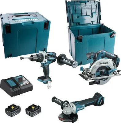 Image de Ensemble de 3 machines 18 V LXT - Perceuse DHP481 + Meuleuse DGA506 + Scie DHS680 -MAKITA - 2 batteries 18V 5Ah + chargeur rapide + 2 MACPAK - DLX3095PTJ