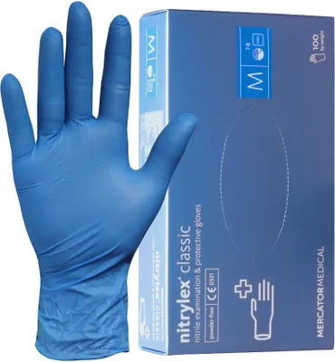 A blue nitrile glove is shown next to its packaging box.